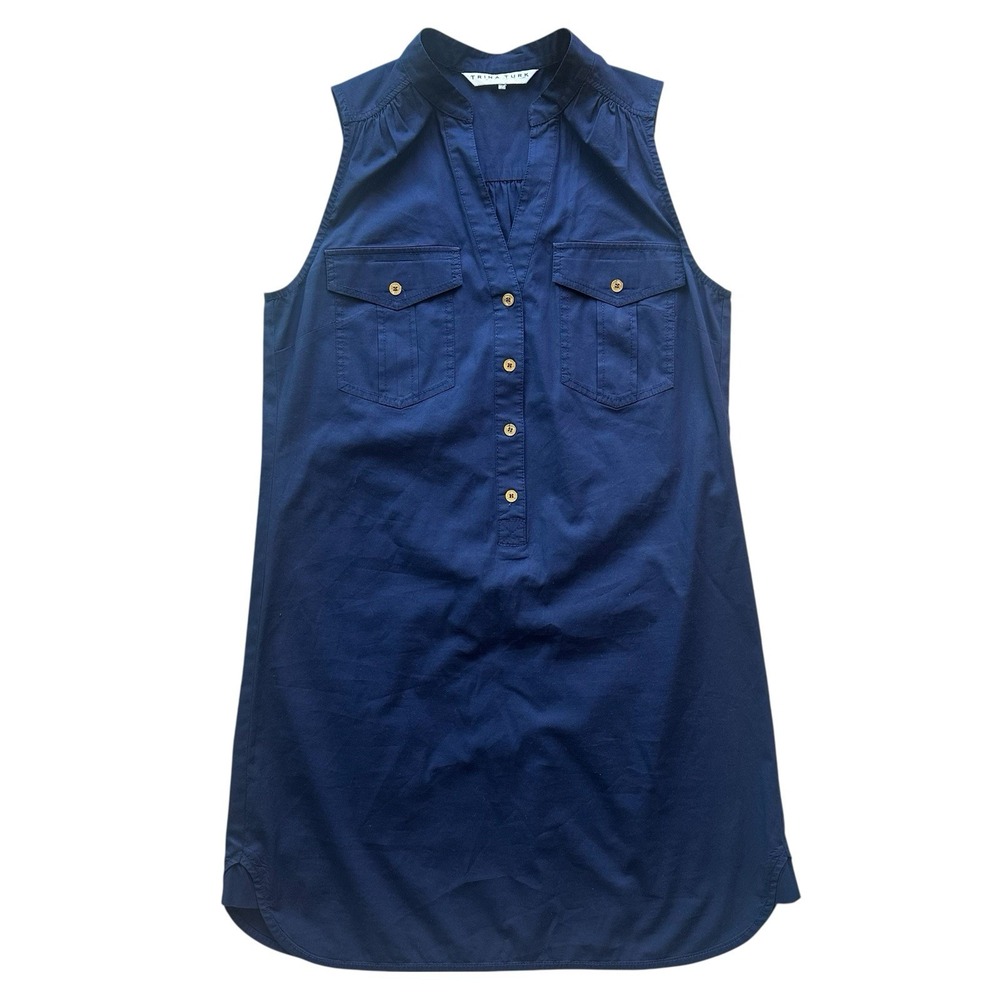 Trina Turk Navy Blue Sleeveless Popover Shirt Dress Size 2‎ Cotton Blend Pockets